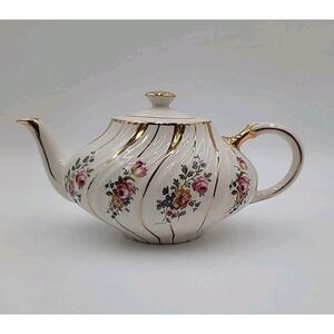 VTG Arthur Wood White Gold Trim Tea Pot Teapot Georgian 4843 Rose CRAZING